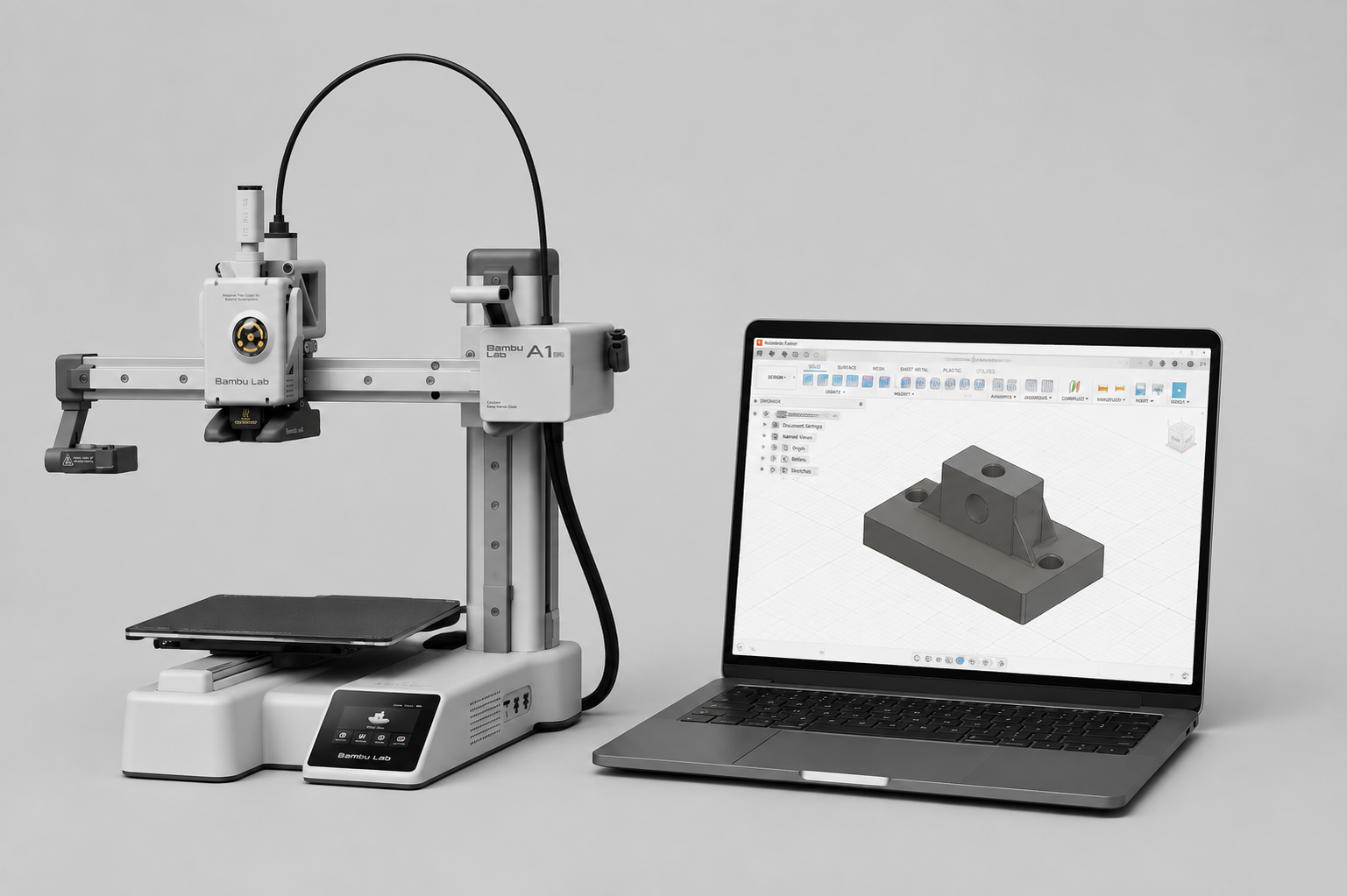 A 3D printer beside an Autodesk Fusion car model